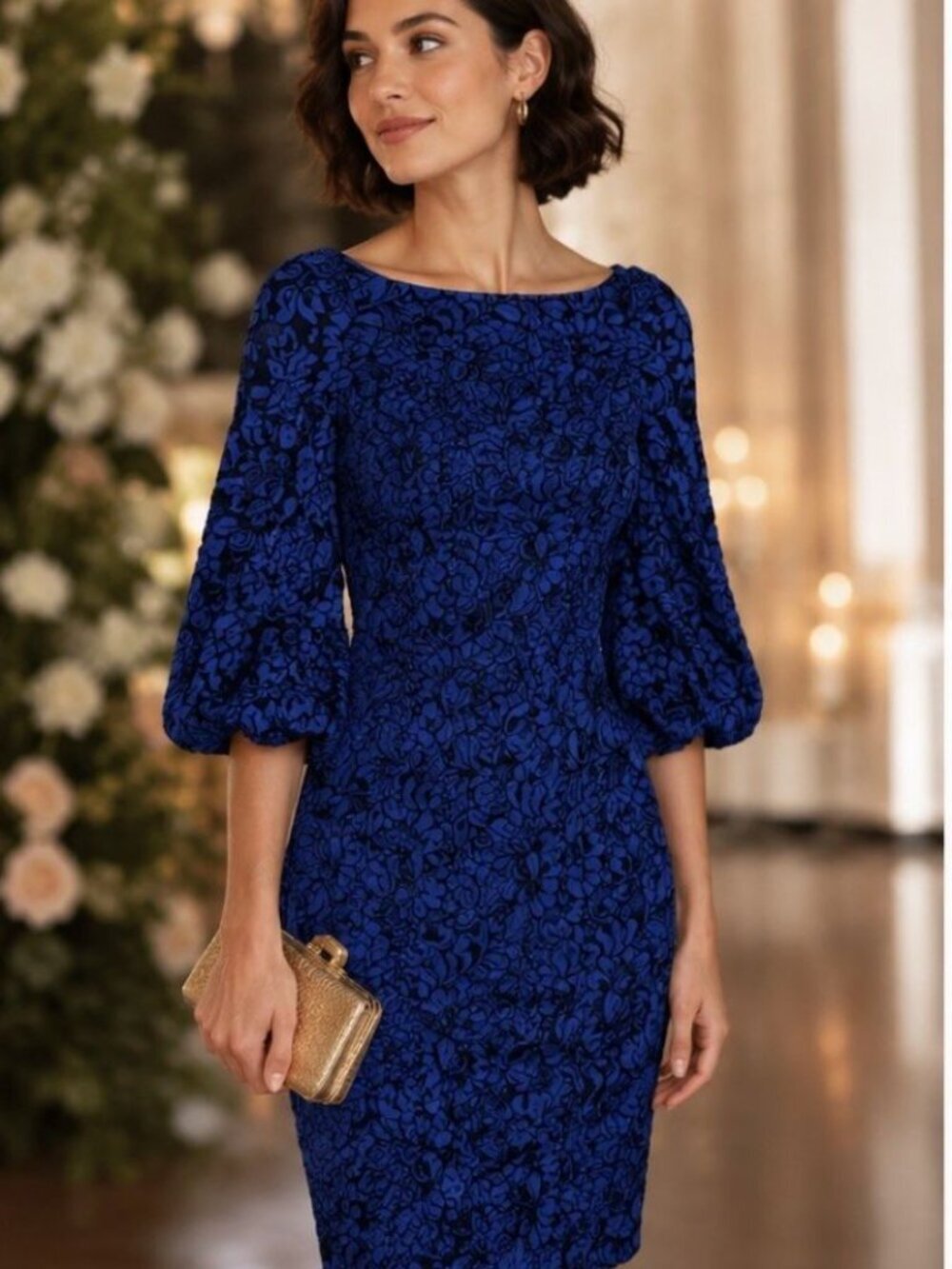 ELIZA J Blue Lace Bell Sleeve Dress Career Office Wedding Formal Holiday Sz 2